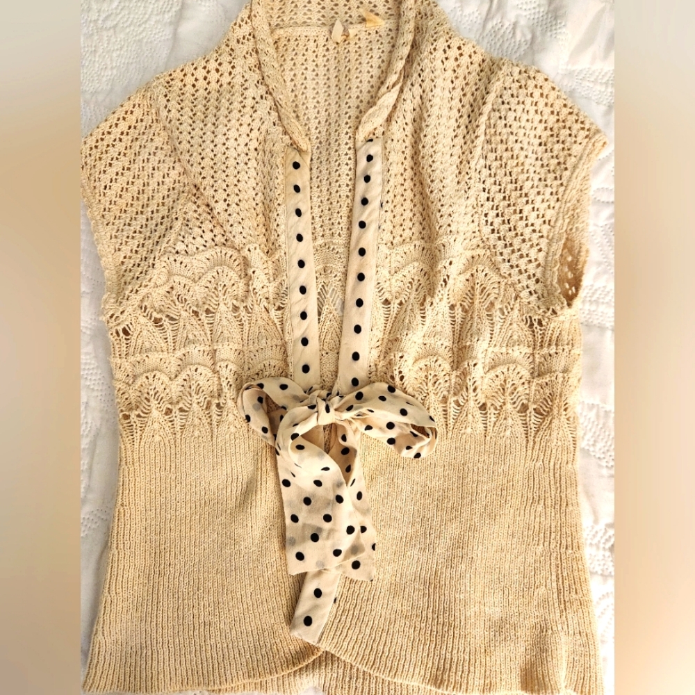 Maeve  vintage  crochet vest with silk  front tie closure . So special sz M